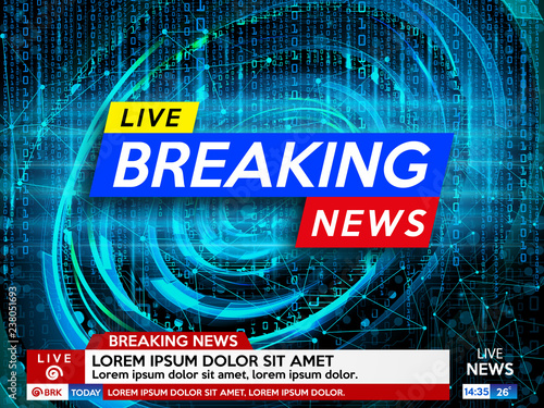Background screen saver on breaking news. Breaking news live on blue matrix code background. Vector illustration.
