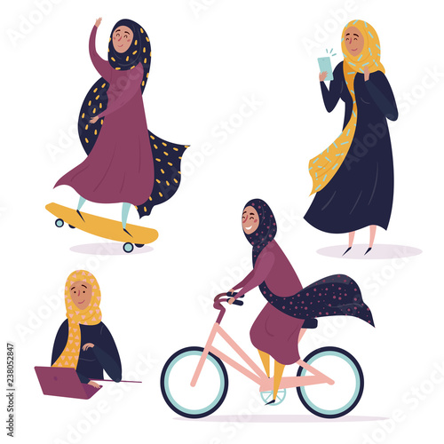 Muslim arabic girl in different situations, wearing hijab. Young contremporary, modern woman on skate, with phone and laptop, riding bicycle. Concept of equal rights and empower for all women. Be free