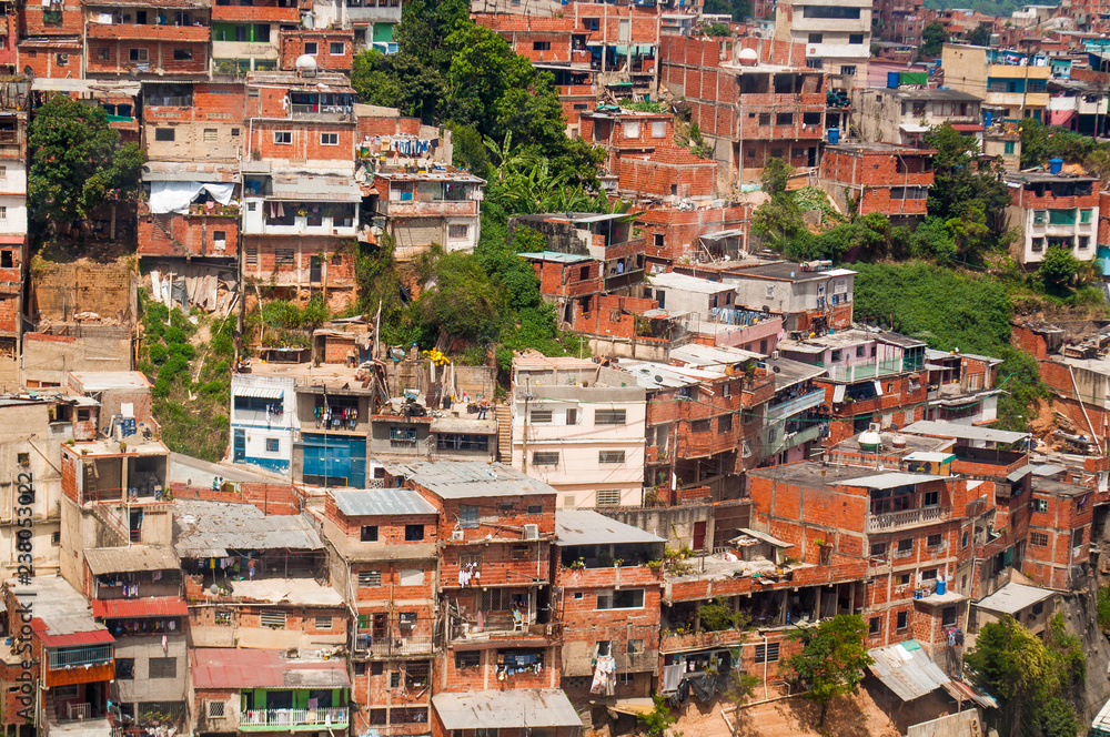 close up above view of shanty town and slums with daylight in south american city