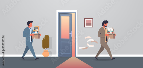 business man carrying box with things new workplace office door dismissed frustrated businessman go away dismissal and new job concept horizontal