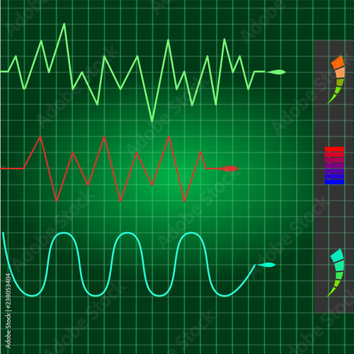 Three sine wave show on green monitor.