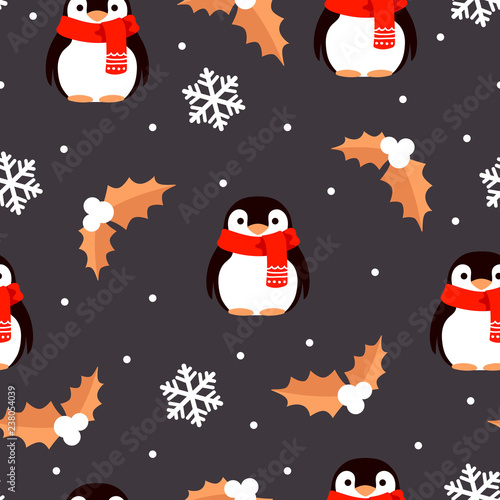Cute seamless Christmas pattern with penguins. vector flat illustration