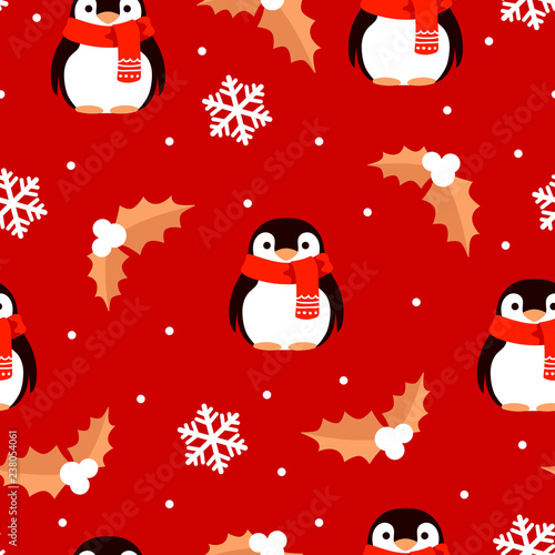 Cute seamless Christmas pattern with penguins. vector illustration