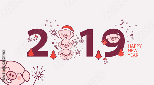 Happy New Year banner, poster or greeting card with 2019 inscription and cute piglets in cartoon style on white background. Kawaii style pigs. Symbol of Chinese New Year 2019. Vector illustration.