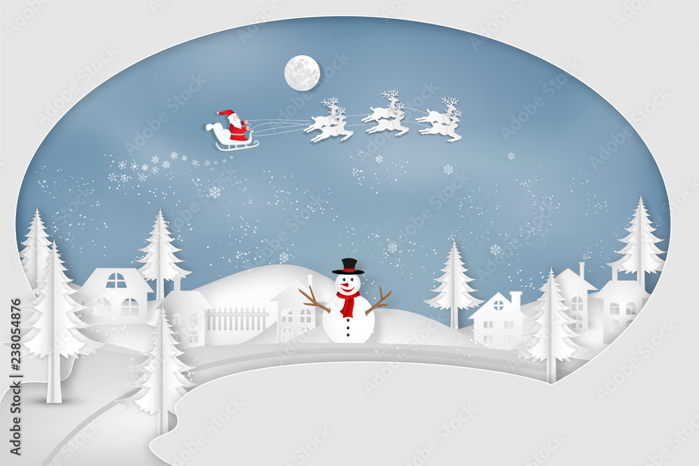 Obraz premium Paper art, cut and digital craft style of Santa Claus on Sleigh and Reindeer with snowman in the merry christmas night and happy new year 2019 as holiday and x'mas day concept. vector illustration.