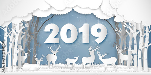 Paper art , cut and digital craft style of Reindeers or deers in forest in the snow wintry season with trees as Merry Christmas and Happy New Year 2019 concept. vector illustration