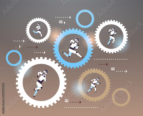modern robots running in cog wheel process artificial intelligence technology concept robotic mechanism flat horizontal