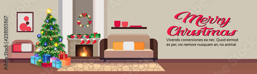living room decorated merry christmas happy new year pine tree fireplace home interior decoration winter holiday concept flat horizontal banner copy space