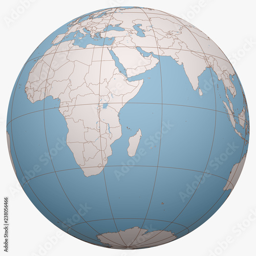 Comoros on the globe. Earth hemisphere centered at the location of the Union of the Comoros. Comoros map.