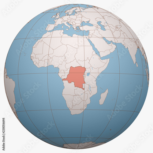 Congo on the globe. Earth hemisphere centered at the location of the Democratic Republic of the Congo (DRC). Congo-Kinshasa map.