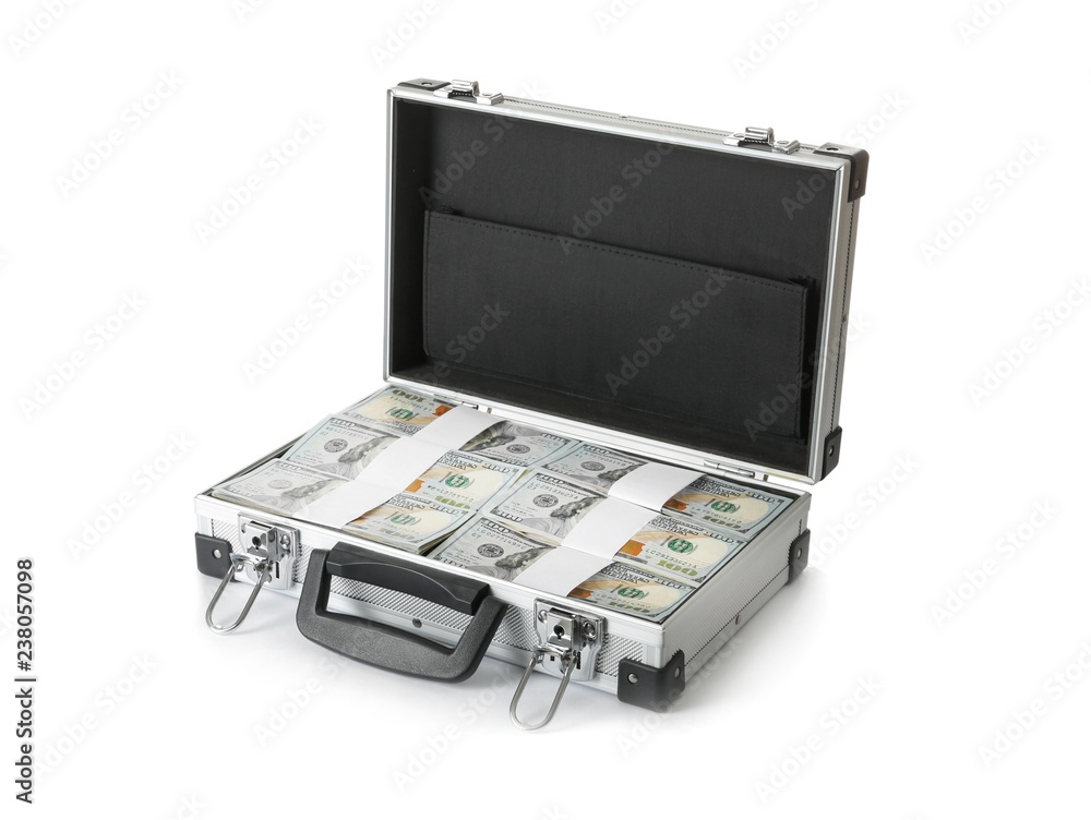 Open hard case full of money on white background Open hard case full of money on white background