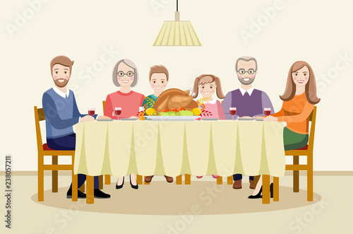 Thanksgiving Day. The family celebrates Thanksgiving at the table. Flat vector illustration for design.