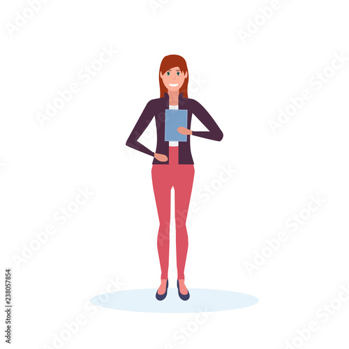 businesswoman holding folder standing pose happy woman office worker female cartoon character full length isolated flat