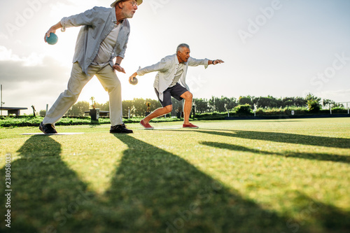 Obraz na płótnie Senior men playing boules in a lawn