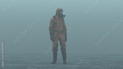 Man in a Hazmat suit foggy overcast wasteland 3d Illustration 3d render