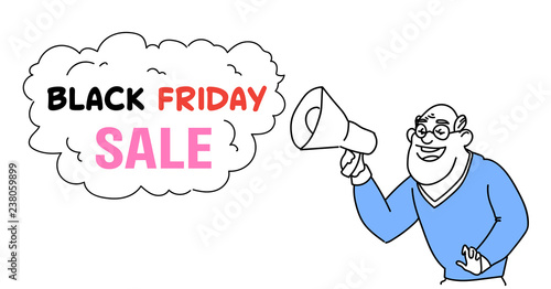 Man announcer hold megaphone chat bubble cloud black friday concept sketch doodle horizontal