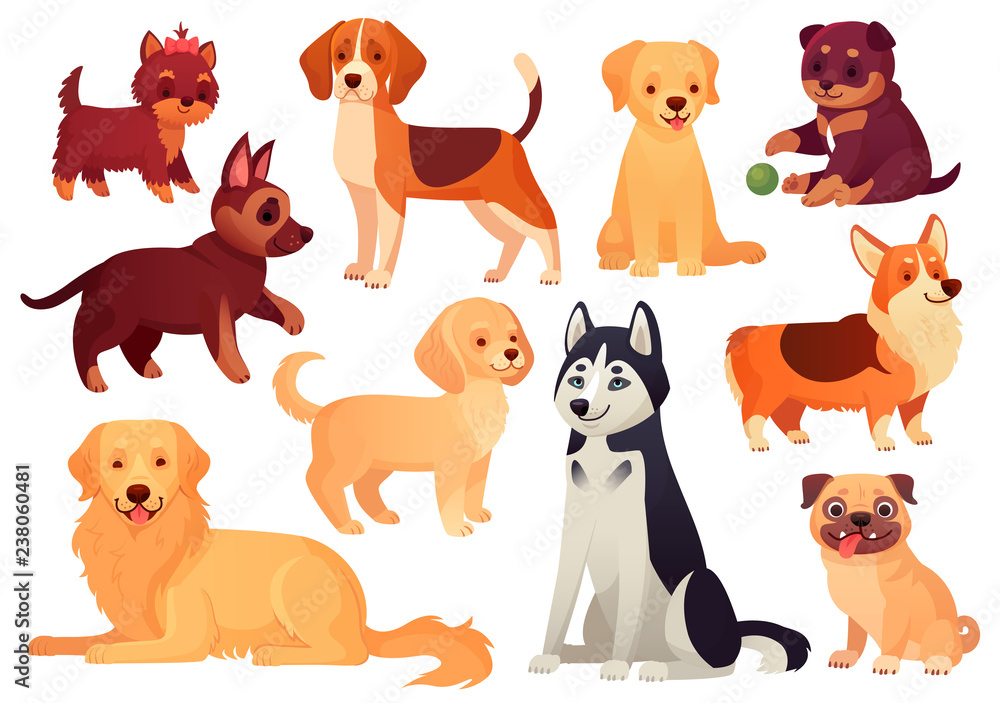 Obraz premium Cartoon puppy and dog. Happy puppies with smiling muzzle, loyal dogs and friendly dog isolated vector set