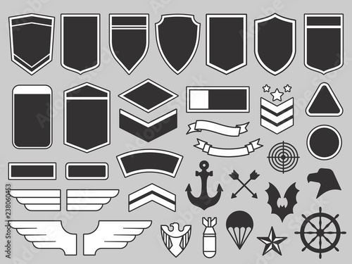 Military patches. Army soldier emblem, troops badges and air force insignia patch design elements vector set photo