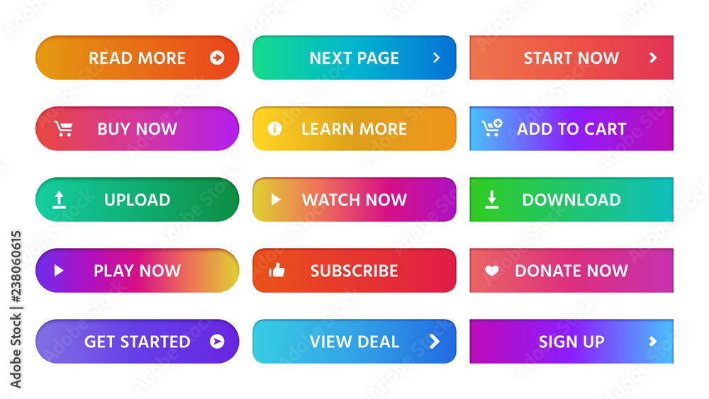 Gradient buttons. Rectangular next page button, read more and add to cart icon colorful gradients web isolated vector set Gradient buttons. Rectangular next page button, read more and add to cart icon colorful gradients web isolated vector set