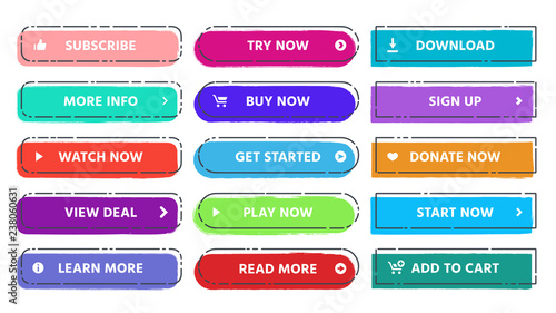 Call to action button. Read more, subscribe and buy now web buttons with vivid colors and grunge textures flat isolated vector set