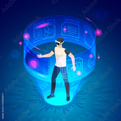 Isometric man in vr. Future world virtual goggles headset gadgets game entertainment vector illustration