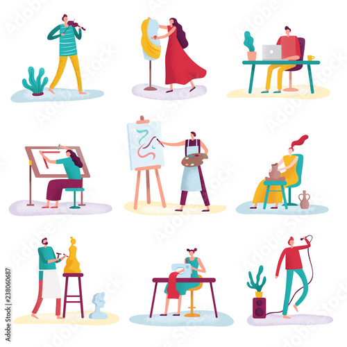 Creative profession artist. Artistic people art sculptor, artisan painter and fashion designer. Creators artists isolated vector set