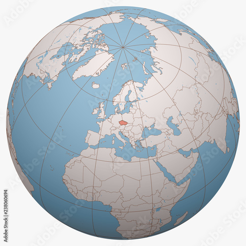 Czechia on the globe. Earth hemisphere centered at the location of the Czech Republic. Czechia map.