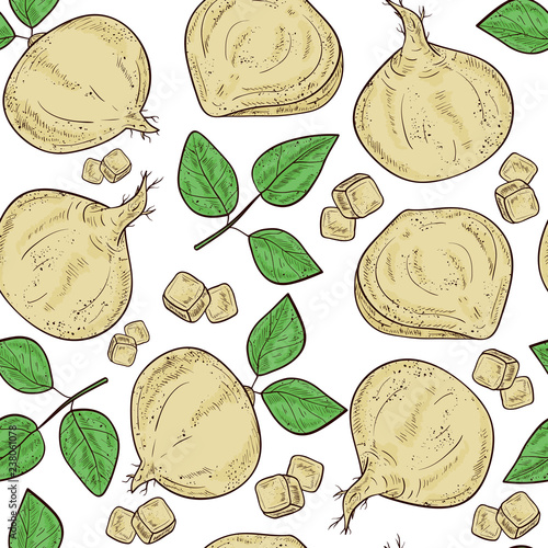 Jicama. Vegetable. Root, sheet. Sketch. Color. Seamless, background, texture, wallpaper.