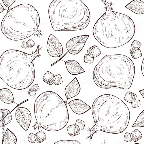 Jicama. Vegetable. Root, sheet. Sketch. Seamless, background, texture, wallpaper. Monophonic