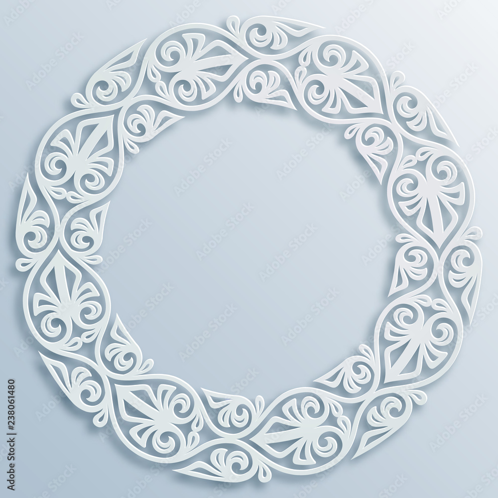 Paper style round white frame, vignette. Vector geometric border, bas-relief Elegant decoration, ornament, ethnic motif, traditional art. Element for greeting cards, poster, flyer, invitation template Paper style round white frame, vignette. Vector geometric border, bas-relief Elegant decoration, ornament, ethnic motif, traditional art. Element for greeting cards, poster, flyer, invitation template
