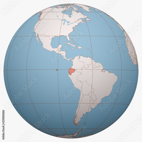 Ecuador on the globe. Earth hemisphere centered at the location of the Republic of Ecuador. Ecuador map.