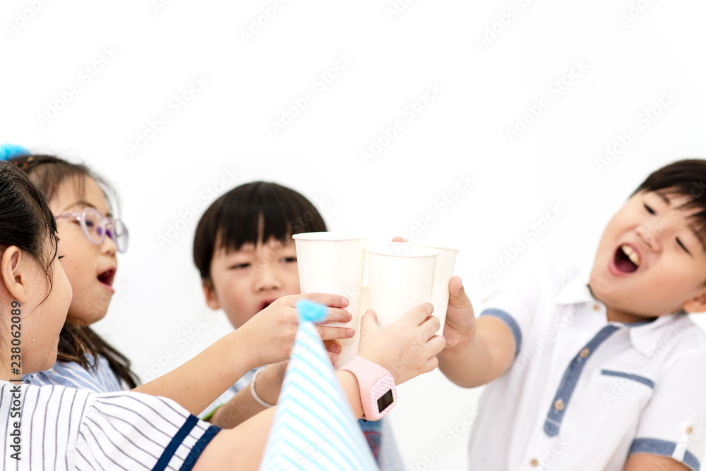 Group of Happy Asian Kids Clinking Paper Cup and Enjoy Drinking Juices with Friends in Celebrate Event Cute Children Having Fun at School in Christmas New Year Party or Birthday Group of Happy Asian Kids Clinking Paper Cup and Enjoy Drinking Juices with Friends in Celebrate Event Cute Children Having Fun at School in Christmas New Year Party or Birthday