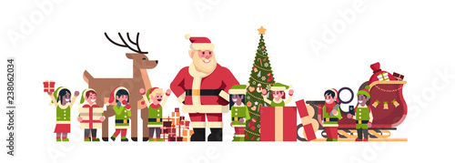 santa claus elves reindeer near fir tree decoration gift box christmas holiday new year concept flat horizontal isolated