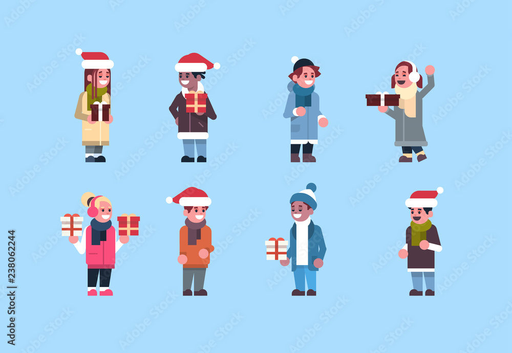 set man woman wearing winter clothes red hat hold gift box present merry christmas holiday happy new year concept male female cartoon character full length flat horizontal