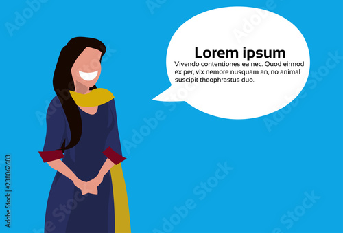 indian woman standing chat bubble national traditional clothes female cartoon character portrait horizontal portrait flat