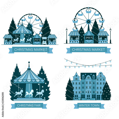 Winter Christmas fair market, Happy New year and Christmas Europe city, souvenir stalls, gift shops, Ferris wheel, garlands, carousel with horses, Christmas trees, socks, gifts. City winter landscape