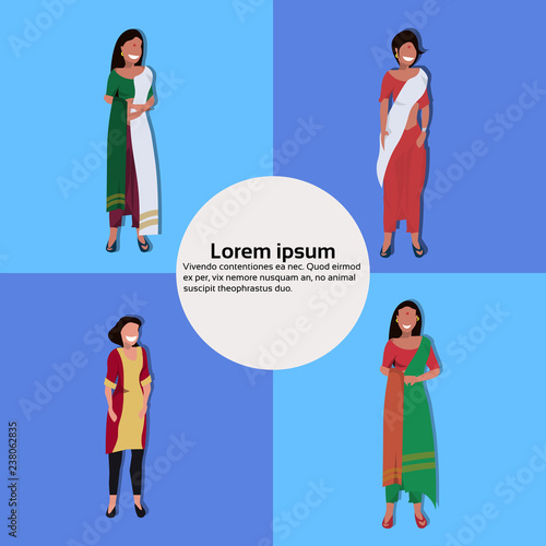 set indian woman bindi standing pose national traditional clothes female cartoon character collection full length copy space flat vector illustration