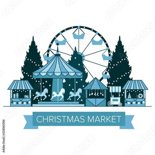 Winter Christmas fair market, Happy New year and Christmas Europe city, souvenir stalls, gift shops, Ferris wheel, garlands, carousel with horses, Christmas trees, socks, gifts. City winter landscape