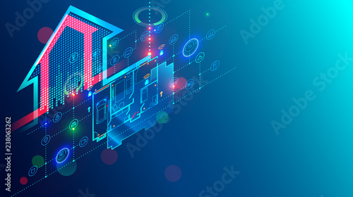 Design and development smart home system. Engineering of automation of residential intelligence house. Isometric concept internet of things structure on architecture plan of building.