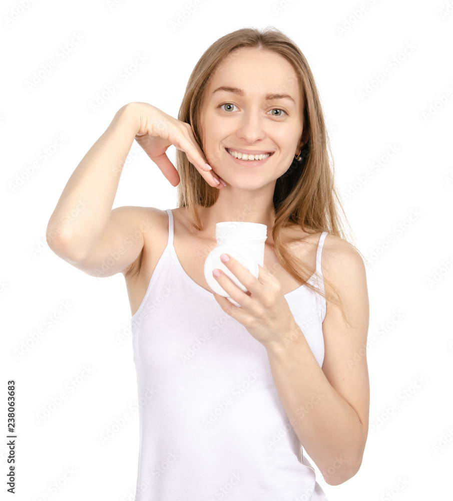 Beautiful woman beauty fashion face jar cream on white background isolation