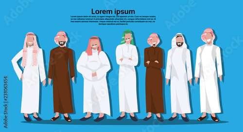 Arabic business people group standing together wearing traditional clothes arab businessmen blue background horizontal copy space full length flat