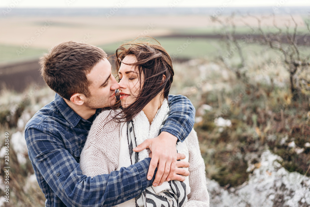 Romantic happy couple enjoy spending time together outdoor.