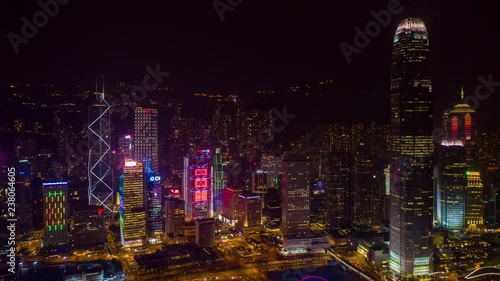 night illuminated city downtown bay aerial timelapse panorama 4k hong kong
 photo