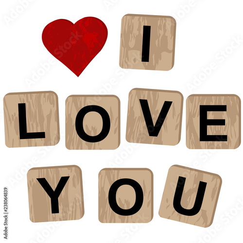 Wooden blocks spelling the inscription I love you on white background