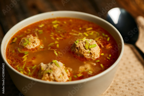 Mexican meatballs soup on a wooden board