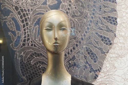 mannequin's golden head with long neck on laced background