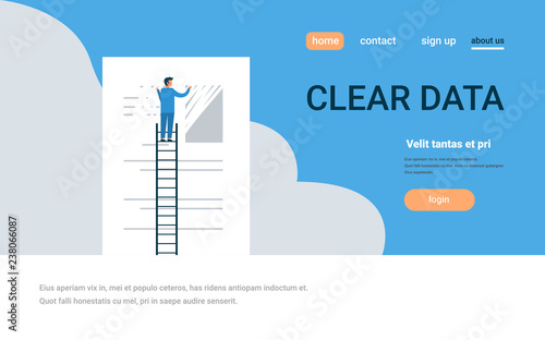 businessman erasing information clear data concept man on ladder delate info flat copy space horizontal