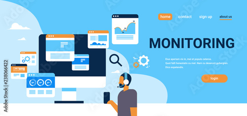 businessman online trading concept man monitoring sales diagrams graphs banner copy space blue background flat