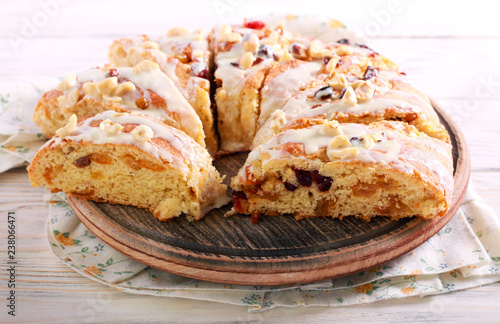 Fruit bread with icing, sliced