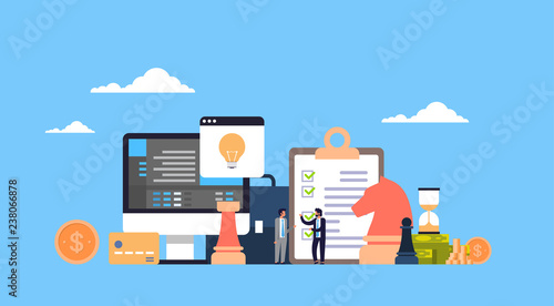 Business people brainstorming strategy concept project new idea start up flat horizontal full length blue background